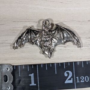 Vintage Silver Tone Bat Pendant Gothic Halloween Jewelry 2" Wide